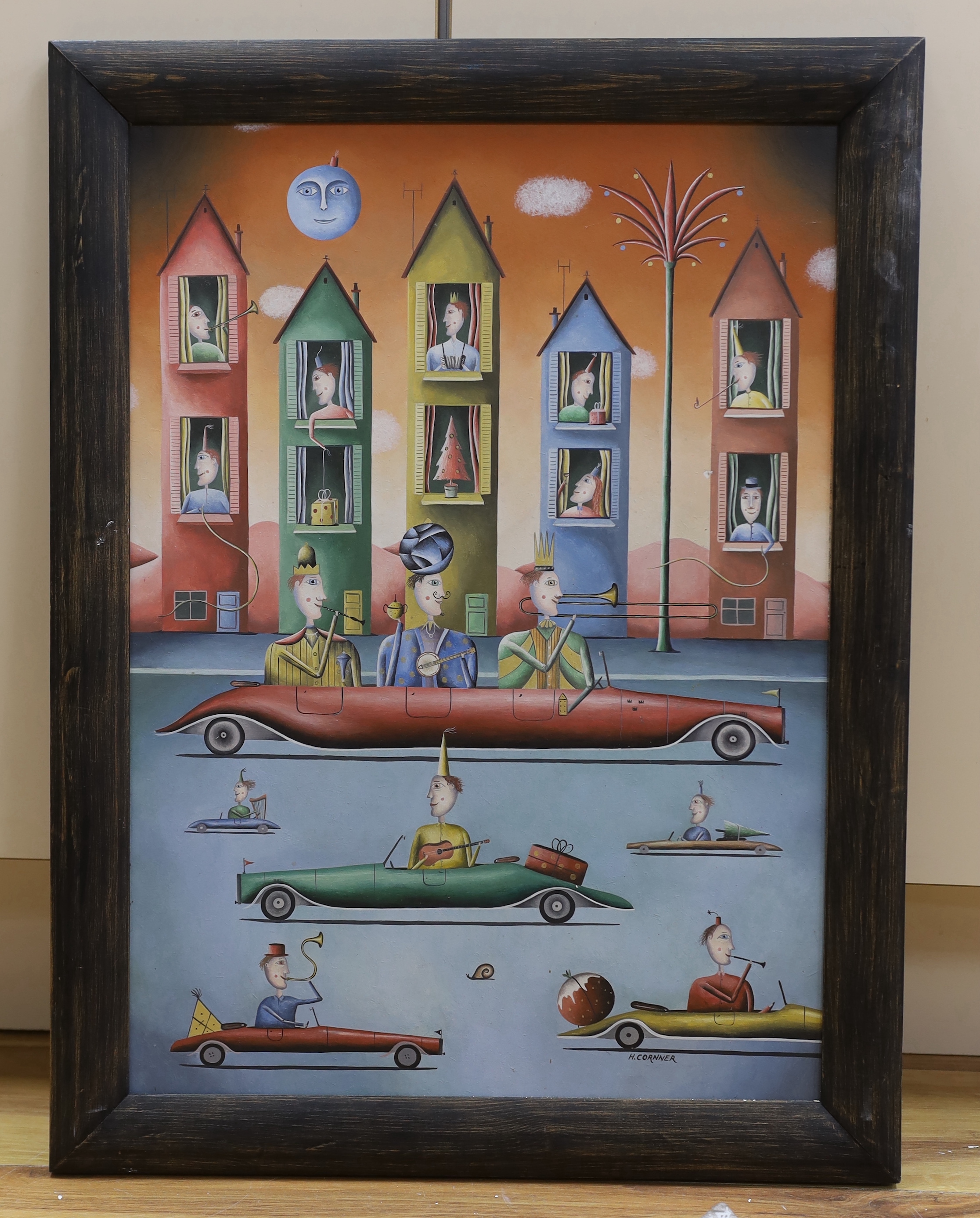 Haydn Cornner (b. 1961), oil on board, Surreal composition, cars and figures before buildings, signed, 53cm x 38cm